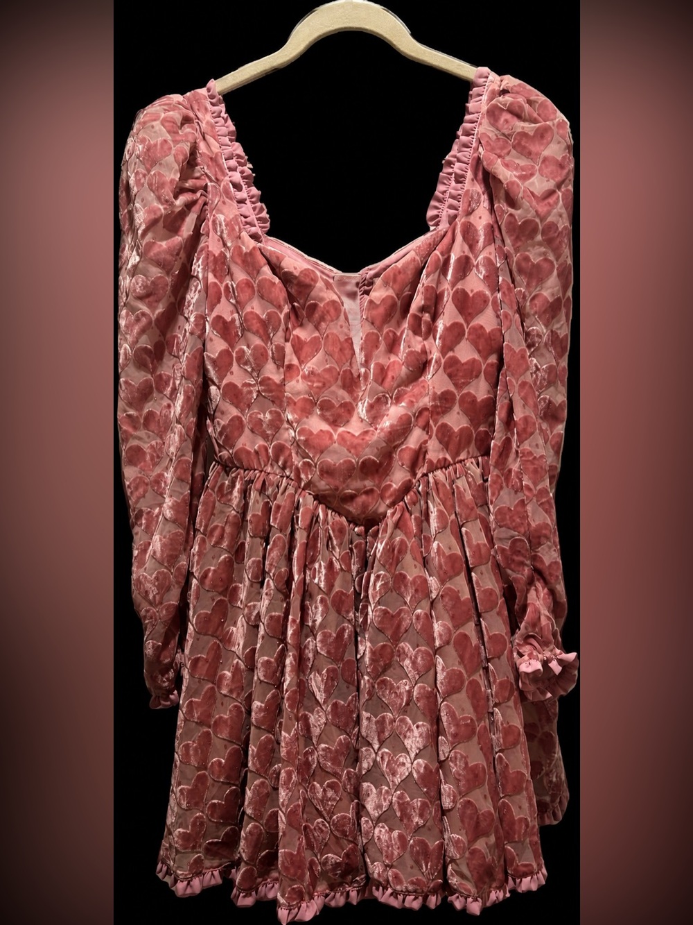 For Love & Lemons Pink Heart-Print Long Sleeve Mini Dress 💗